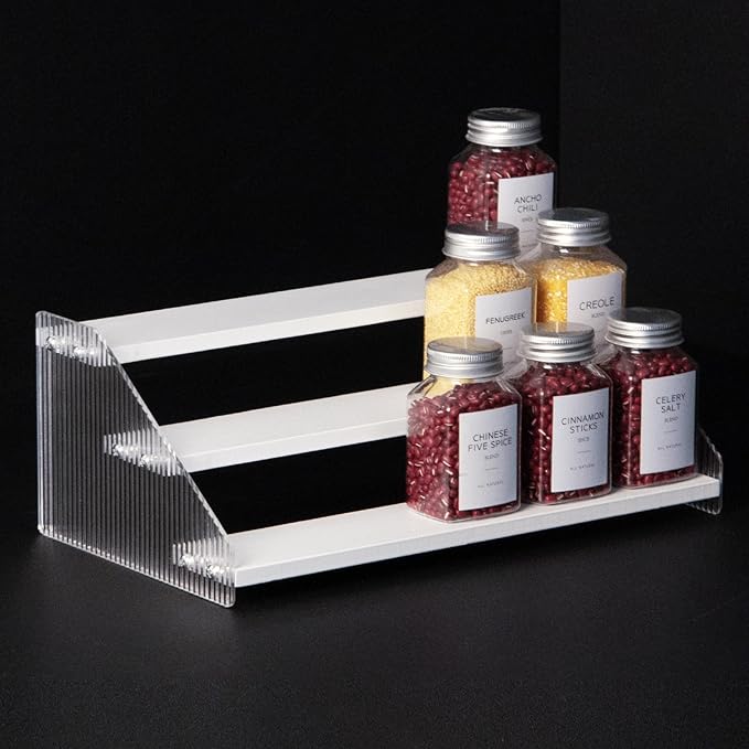 nianfeng Tiered Spice Rack, 3-Tier Spice Pantry Kitchen Cabinet Organizer, 12-Inch, Natural Wood Acrylic Stair Riser Stand, Countertop Seasoning Shelf (White)