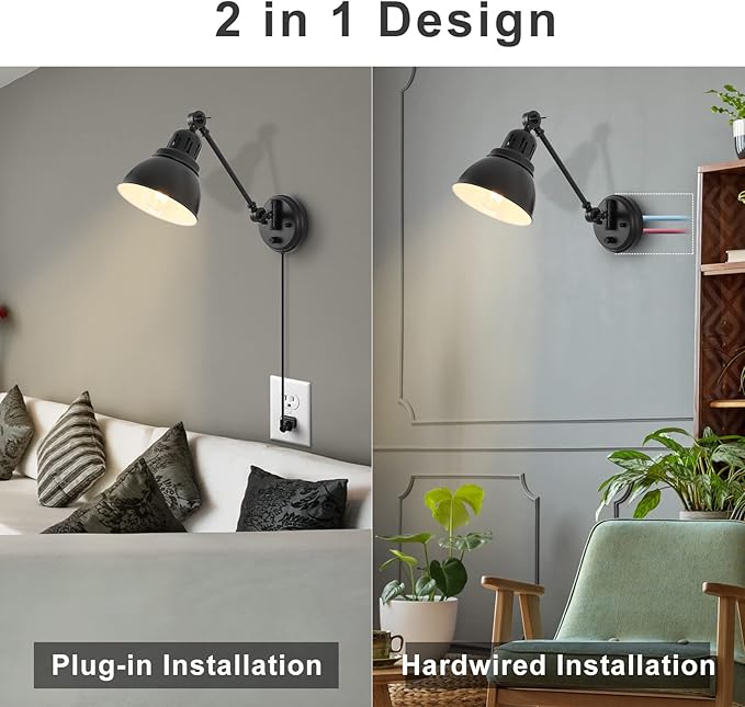 1 Pack Plug in Wall Sconce with Remote Control, Stepless Dimming & Stepless Colors 2700K-6500K, Plug in Wall Light, Swing Arm Wall Lamp with Night Light & Timer, LED Bulb Included