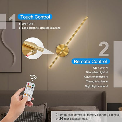 Battery Operated Wall Sconces Set of Two,Rechargeable Wall Sconces Set of 2 with Remote Control Dimmable Wall Light Decor for Living Room, Bathroom for, 24 Inch, Gold