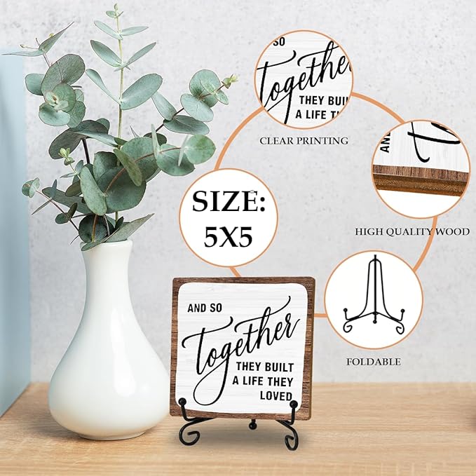 Home Desk Decor Sign, Rustic Wooden Sign With Stand, And So Together They Built A Life They Loved Sign For Farmhouse Home Living Room Bedroom Shelf Table, Coffee Lover Gifts For Family Friend Women
