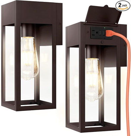2 Pack Porch Lights Outdoor Wall Sconce, Outdoor Light with GFCI Outlet, Waterproof Exterior Wall Lantern Light Fixtures, Anti-Rust Wall Lamp for Patio Doorway Garage- Oil Rubbed Bronze