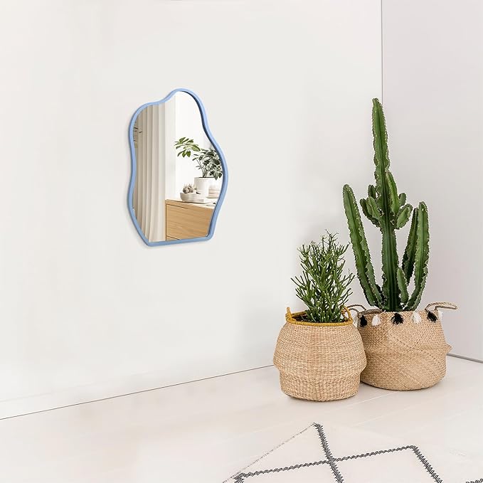 Wall Mirror Blue Asymmetrical Mirror Modern Wood Frame Unique Shape Wall Mounted Vanity Artistic Hanging Mirror Decor for Living Room Bedroom Bathroom Entryway Hallway Small