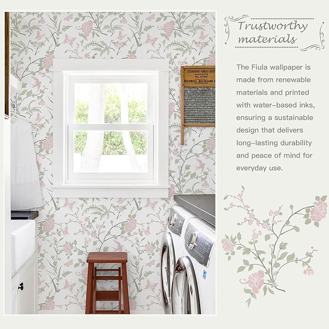 Floral Wallpaper Pink/Green Wallpaper Vintage Peel and Stick Wall Paper Boho Botanical Contact Paper for Cabinets Bird Butterfly Renter Friendly Self-Adhesive Bathroom Bedroom 393"×17.3"