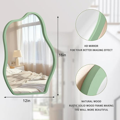 Green Irregular Hanging Wall Mirror Wooden Framed Modern Asymmetrical Mirrors for Wall Artistic Decorative Mirror Wall Decor Mirrors for Bedroom Bathroom Living Room Small 16"x12"