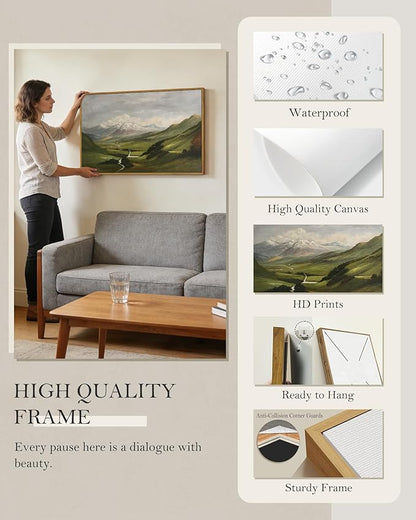 SHENIFY Landscape 24x36in Large Vintage Framed Canvas Wall Art Classical Mountain Range Valley Prints Farmhouse Bathroom Office Decor - Natural Framed