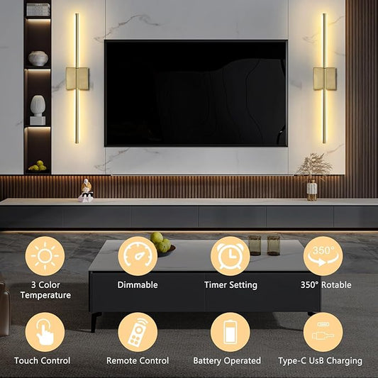 2 Pack Wall Sconces Battery Operated, Wall Sconces 3000K-6000K Dimmable Rechargeable Wall Sconce with Remote Control, 350°Rotate LED Wireless Wall Lights for Living Room, Hallway, Bedroom(Gold)