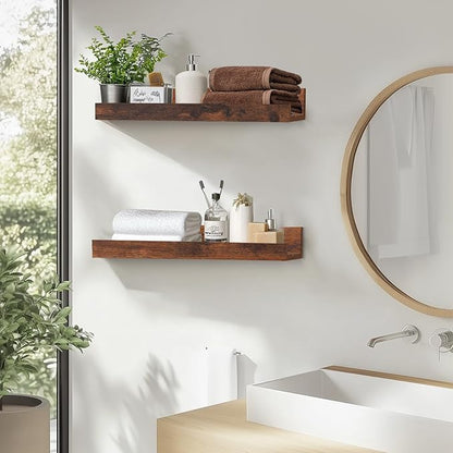 Muzilife 12" Small Floating Wall Ledge Shelves with Lip - Set of 2 Wood Floating Shelves - Rustic Brown Wall Mounted Picture Ledge for Office, Bathroom, Bedroom, Living Room, Kitchen