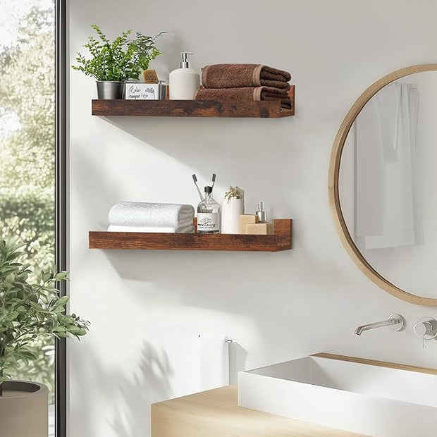 Muzilife 12" Small Floating Wall Ledge Shelves with Lip - Set of 2 Wood Floating Shelves - Rustic Brown Wall Mounted Picture Ledge for Office, Bathroom, Bedroom, Living Room, Kitchen