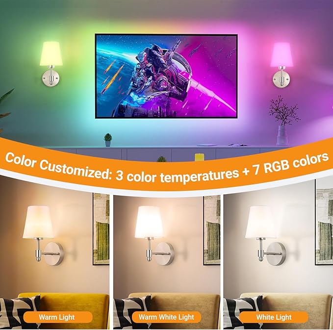 Battery Operated Wall Sconces Set Of 2, Wireless Battery Wall Light With 10000mAh RGB Rechargeable Magnetic Bulb, Rechargeable Wall Sconce With Remote Control For Bedroom, No Electrician Required