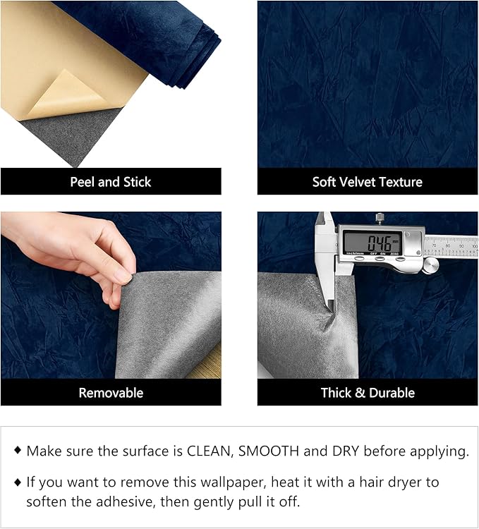 LACHEERY Navy Blue Velvet Wallpaper Peel and Stick Textured Flocked Velvet Wallpaper Self Adhesive Felt Drawer Liner Contact Paper Blue Fabric Wall Paper for Wall Drawers Jewelry Box Liner 15.8"x79"