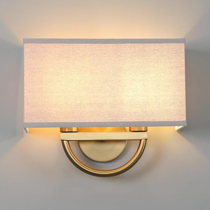 Yosoan Linen Fabric Cloth Boho Gold Brass Wall Sconce Stairwell Fixture Light, 2-Light Indoor Hardwired Dual Vanity Wall Mount Vintage Antique Metal Base Lights Square Fabric Shade for Bedside Hallway