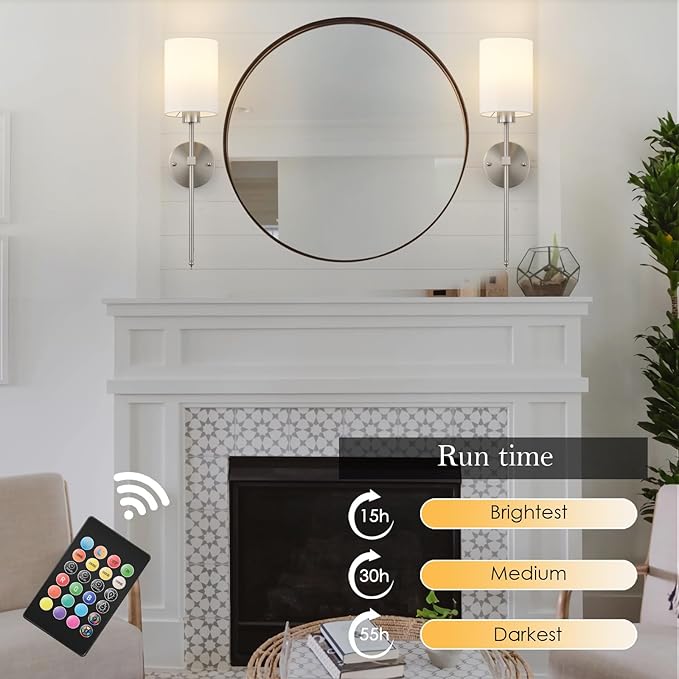 Battery Operated Wall Sconce Set of Two,Wireless Rechargeable Wall Light With Remote Control, Dimmable, 1800K/3000K/4000K/6000K/RGB, Timer, for Living Room, Bedroom, Fireplace, TV, 26.8 Inch, Nickel