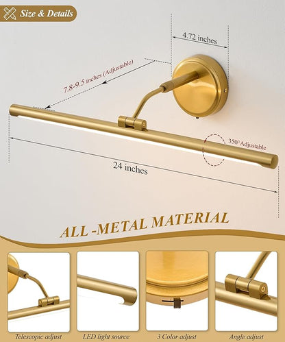 Hardwired Picture Lights for Wall,Gold Led Art Light for Painting,Modern Metal Picture Frame Light,3CCT Dimmable Poster Gallery Painting Bookshelf Portrait Lights for Pictures On Wall 8W