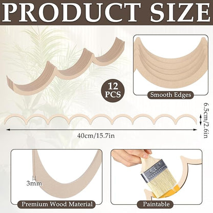 Ripeng Unfinished Scalloped Decorative Wood Trim 15.75 x 2.9 Inch Scalloped Wood Molding Cute DIY Moulding Trim for Home Wall Cabinet Shelf Window Door (12 Pcs,Classic Style)