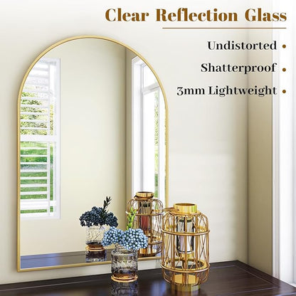 VooBang Arched Wall Mirror, 16 x 24 inch Arch Bathroom Mirror, Wall Mounted Vanity Mirror with Arch Metal Frame, Modern Bathroom Vanity Mirror for Bedroom, Living Room, Hanging or Leaning, Gold