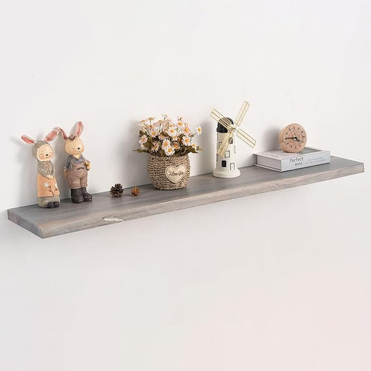 Live Edge Floating Shelf, 48 Inch Solid Elm Wood - Weathered Gray Rustic Wood Wall Shelf with Invisible Brackets for Living Room, Kitchen, Bathroom