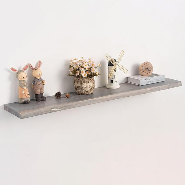 Live Edge Floating Shelf, 48 Inch Solid Elm Wood - Weathered Gray Rustic Wood Wall Shelf with Invisible Brackets for Living Room, Kitchen, Bathroom