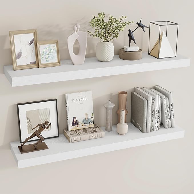 Dreamland 40 Inch Long Floating Shelves in White,9.3 Inch Deep Floating Shelf for Wall,Large Display & Storage Shelf, Wall Shelf for Bathroom Bedroom Living Room Kitchen Office，Set of 2