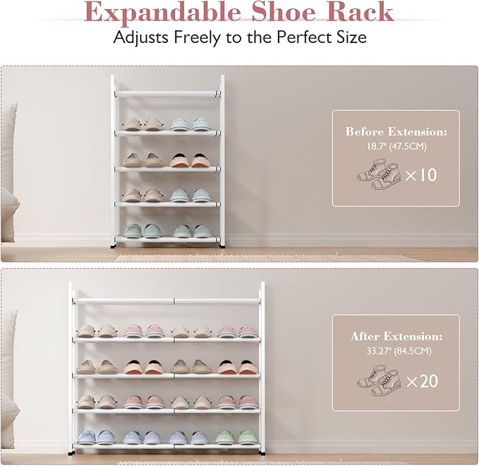 Bumusty 5-Tier Expandable Shoe Rack for Closet, 18“-33” Adjustable Shoe Rack for Small Space, Small Shoe Organizer for Front Door, Sturdy Metal (White)