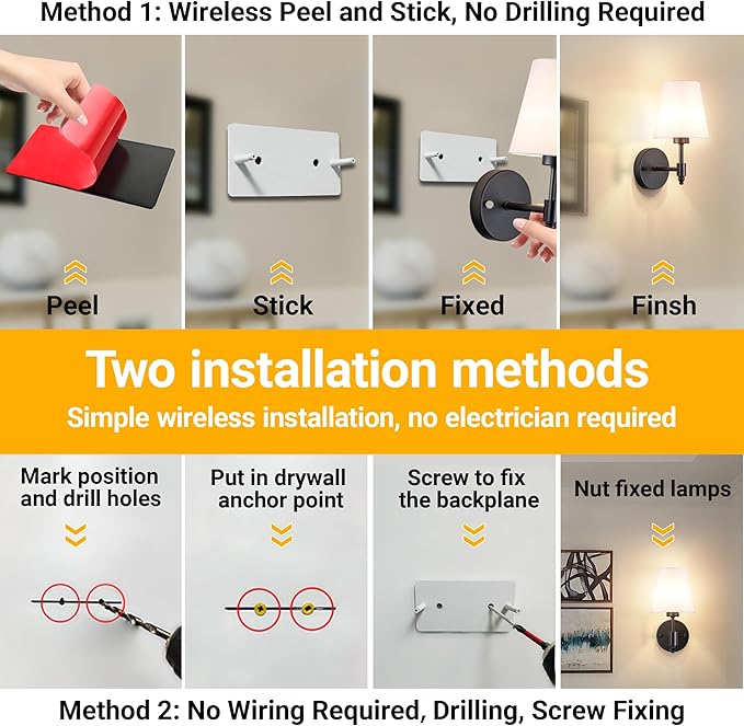 Peel and Stick Wall Sconces, Stick On Wall Sconce Set of 2, Battery Operated Wireless Wall Light, No Drill Adhesive Wall Lamp, Corn Bulb with 10000mAh Rechargeable Battery, Bedroom Wall Decor