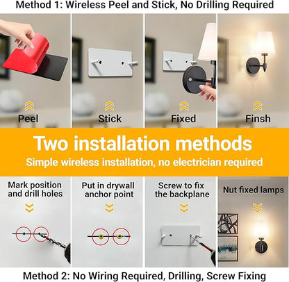 Peel and Stick Wall Sconces, Stick On Wall Sconce Set of 2, Battery Operated Wireless Wall Light, No Drill Adhesive Wall Lamp, Corn Bulb with 10000mAh Rechargeable Battery, Bedroom Wall Decor