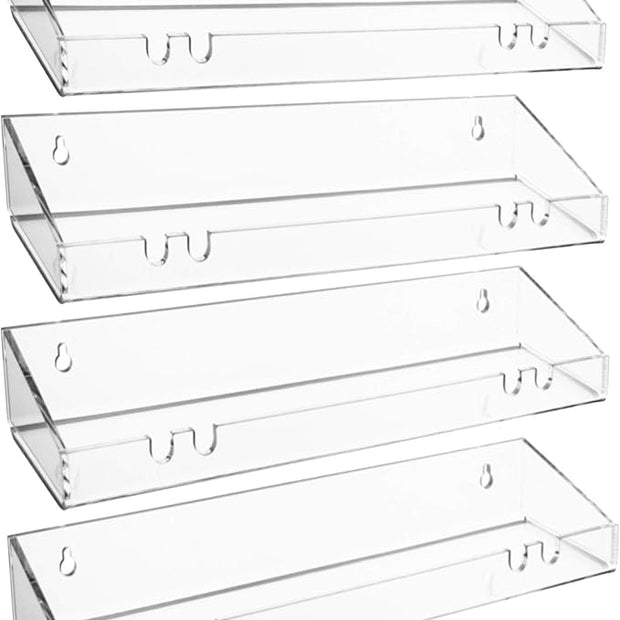 AMT 4 Pack Acrylic Floating Shelves, 15" L x 4" W, Clear Bathroom Wall Shelf, Bookshelves, Invisible Display for Office, Bedroom, Hanging Slots for Bath Sponge & Others Items, Free Screws & Drill Bit
