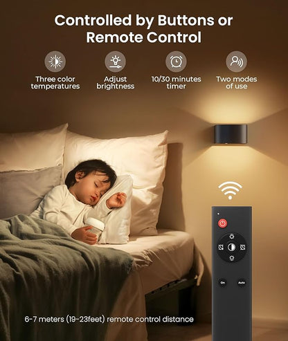 FULEN Motion Sensor Wall Light with Remote Control 3 Colors Wireless Wall Lamp LED Indoor Up and Down Wall Sconce 5000mAh Rechargeable Battery Powered Wall Lamps Brightness Adjustable, Black 2 Pack