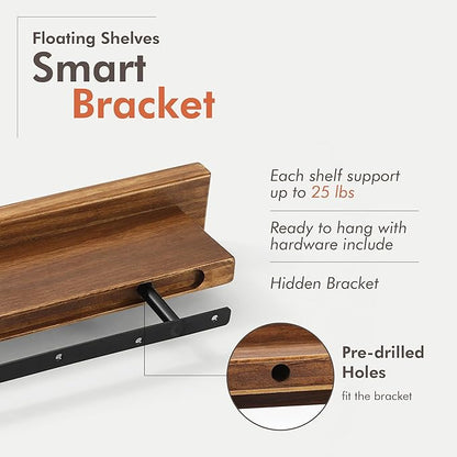 Wood Floating Shelf Set of 2, 4.5D x 15W Inch Modern Reversible Wall Shelves, Minimalism Wall Mount Hardwood Shelves, Wall Decor for Bedroom Living Room Kitchen (Walnut)