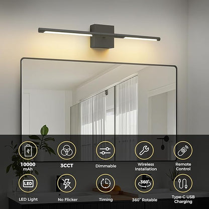 L LOHAS LED Battery Operated Wall Sconces Set of 2, Battery Wall Sconce 10000mAh, Black Rechargeable Sconces 3CCT, 23.7 Inch Wireless Wall Lights, Sconce Wall Decor for Bedroom, Living Room