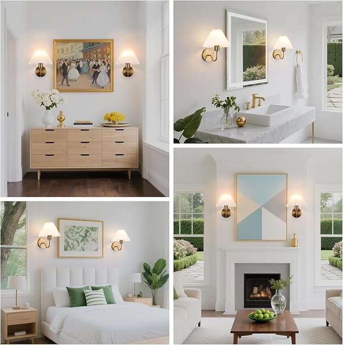Rechargeable Battery Operated Wall Sconces Set of 2 Brushed Brass Wall Lights with Remote Dimmable Pleated Shades Wall Lamp 15 Colors Wireless Bathroom Vanity Light for Bedroom Living Room Hallway