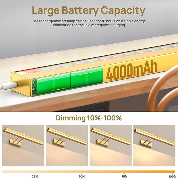 PESUTEN Picture Light Battery Operated, 16in Wireless Art Light for Paintings CCT Dimmable Recharging Battery Picture Light with Remote Control for Gallery Dartboard Art Bedroom Bathroom Gold