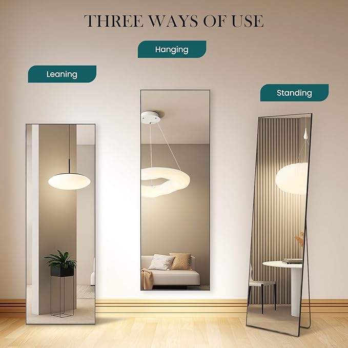 DUMOS Full Length Mirror with Stand Floor Standing Aluminum Frame for Bedroom Body Hanging Leaning Modern Simple Home Decor Shatter-Proorf Nano Glass Wall Living Room Cloakroom Black 59