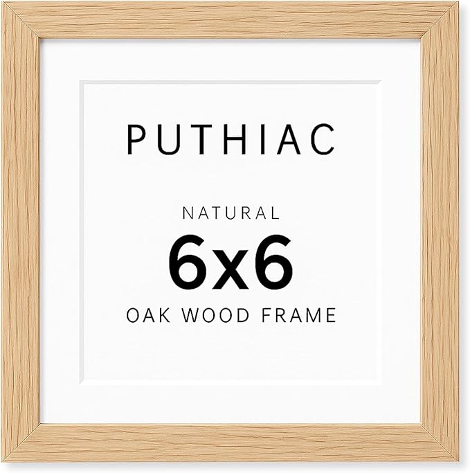 puthiac 6x6 Solid Oak Wood Picture Frame, Fits 4x4 with Mat or 6x6 Without Mat, Wall or Tabletop Display with Stand, Plexi Front, 1 Pack, Natural Oak