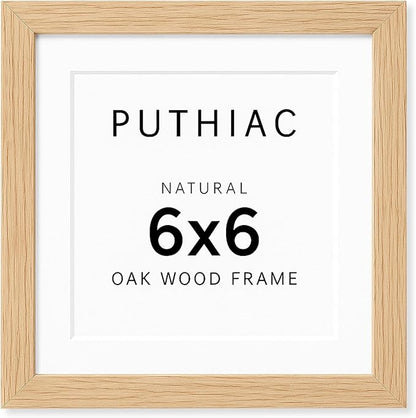 puthiac 6x6 Solid Oak Wood Picture Frame, Fits 4x4 with Mat or 6x6 Without Mat, Wall or Tabletop Display with Stand, Plexi Front, 1 Pack, Natural Oak