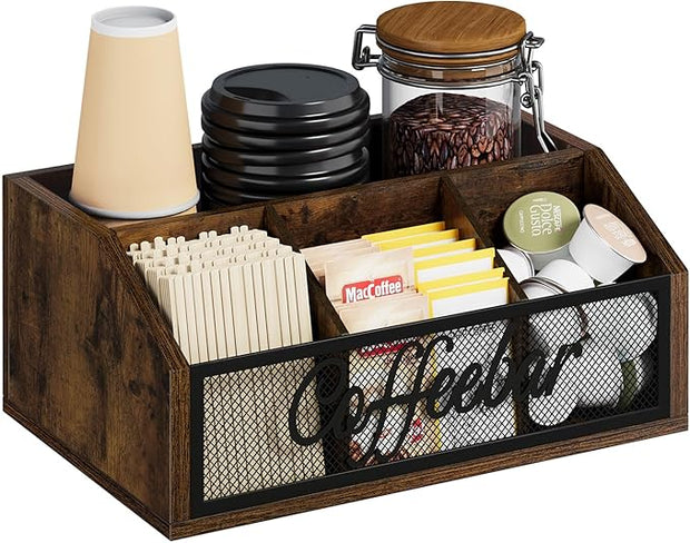 YINMIT Coffee Station Organizer for Countertop, Wood Coffee Bar Organizer with Removable Dividers for Pods, Syrup, Cups, Stirrer, Tea - Office Coffee Bar Accessories, Iron Mesh-Vintage Brown