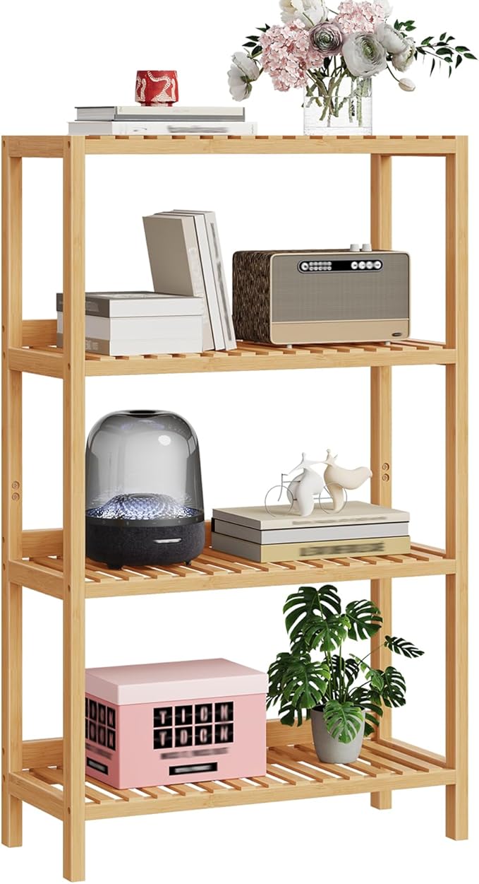HOOBRO Bamboo Storage Shelf, 4-Tier Freestanding Shelving Unit, Multifunctional Storage Rack with Back Panel, 23.6 x 10.2 x 39.4 inches, for Bathroom, Living Room, Balcony, Kitchen, Natural YL95CJ01
