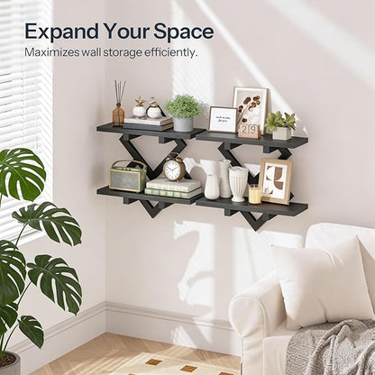 HOOBRO 15" Floating Shelves for Wall, Set of 2 Wall Shelf, 2-Tier Hanging Shelves, Wall Mounted Storage Shelf, Display Rack, for Living Room Bedroom Kitchen Bathroom, Black BB14BJP201