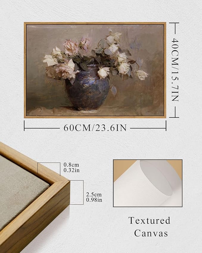 InSimSea Framed Canvas Wall Art Vintage Decor, Room Decor Large Artwork for Roses Floral Paintings Framed Wall Art Prints for Office Kitchen Bathroom Decorations, 16