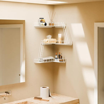 Fire Escape Wall Shelf - Modern City Style 3-Tier Corner Wall Shelves, Easy to Install Metal Ladder Shelf for Figures, New York Decorative Shelves for Bathroom, Living Room & Home Decor,White