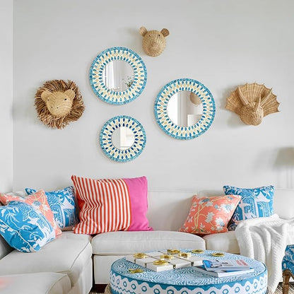 Handmade Mother of Pearl Mirror for Wall Decor, 3PCS Round Decorative Mirrors for Beach Nautical Home Hotel Coffee Shop, Natural Plate Art Hanging Sculpture for Dorm Apartment Entryway (Blue)