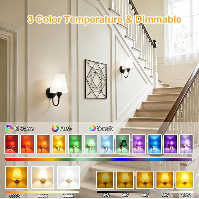 Battery Operated Wall Sconces Set of 2, Black 10000mAh Rechargeable Dimmable LED Bulb, 15 Colors & Remote, with Fabric for Bedroom Living Room Hallway Staircase Decor