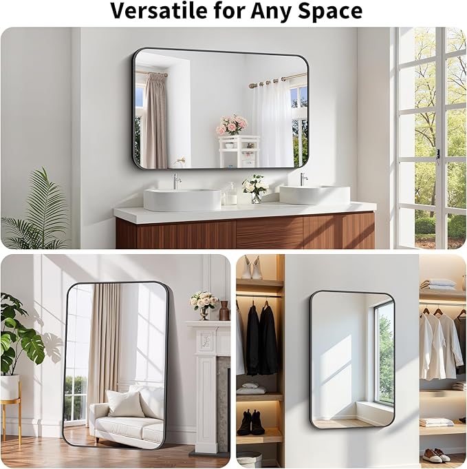 Koonmi Black Framed Bathroom Mirror - 30x48 Inch Shatterproof Tempered Glass Vanity Mirror for Bathroom Sink, Wall Mounted with Matte Aluminum Alloy Frame, No Distortion, Modern Decor