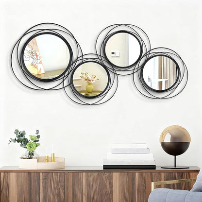 4 Set Mixed Size Black Circle Mirrors Wall Decor Iron Frame Wall Art Round Mirror Home Decor Hanging for Living Room/Bedroom/Bathroom/Entryway