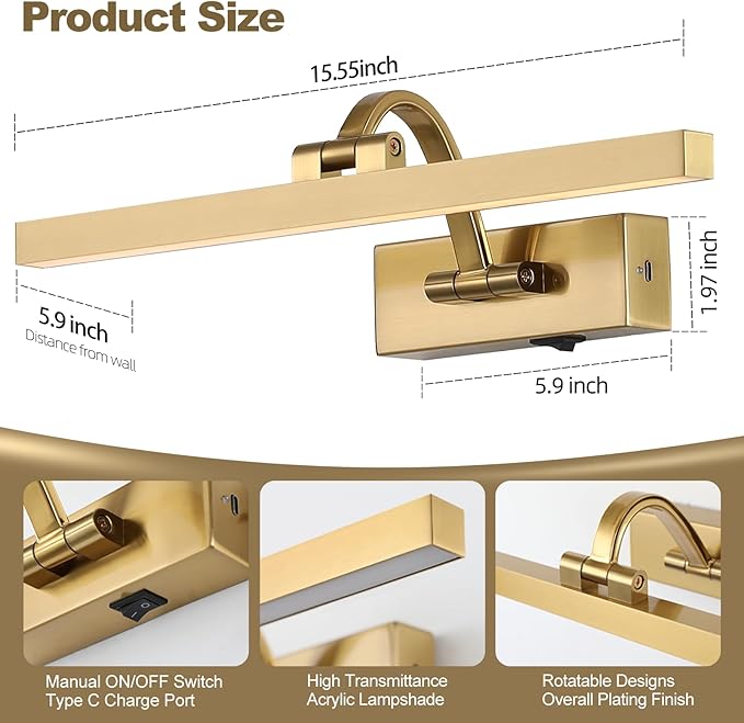 Picture Lights for Wall Battery Operated 3 Colors Dimmable Lights for Pictures On Wall 15.56 Inch Brass Art Lighting for Paintings Wireless Gallery Light Poster Lights with Remote and Timer