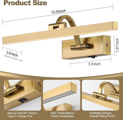 Picture Lights for Wall Battery Operated 3 Colors Dimmable Lights for Pictures On Wall 15.56 Inch Brass Art Lighting for Paintings Wireless Gallery Light Poster Lights with Remote and Timer