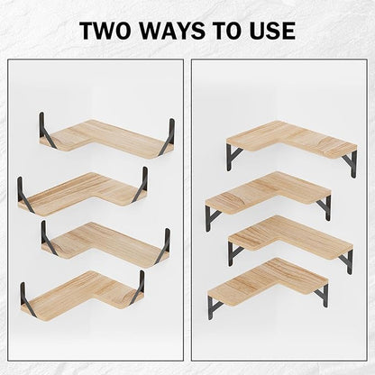 Muzilife Corner Floating Shelves Wooden Floating Shelves Set of 4, Wall Mounted for Storage, L-Shaped Wall Decor Organizer for Bedroom, Bathroom, Kitchen, Living Room and Office, Natural Wood