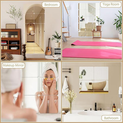 JUNEBRUSHS 4 Pack Self Adhesive Acrylic Mirror, 8 x 8 Inch Mirror Tiles,Flexible Plastic Mirror Sheets Wall Stickers,2MM Thick Mirrors