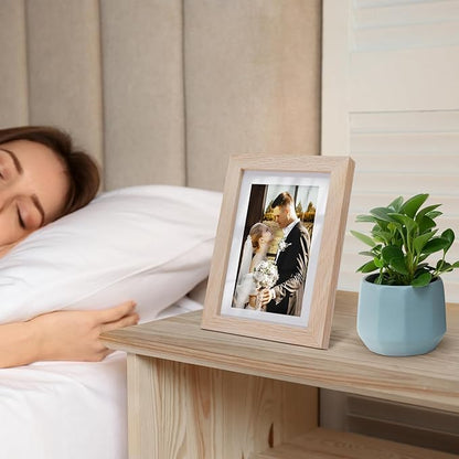puthiac 5x7 Solid Oak Wood Picture Frame, Fits 4x6 with Mat or 5x7 Without Mat, Wall or Tabletop Display with Stand, Vertical or Horizontal, Plexi Front, 1 Pack, Natural Oak