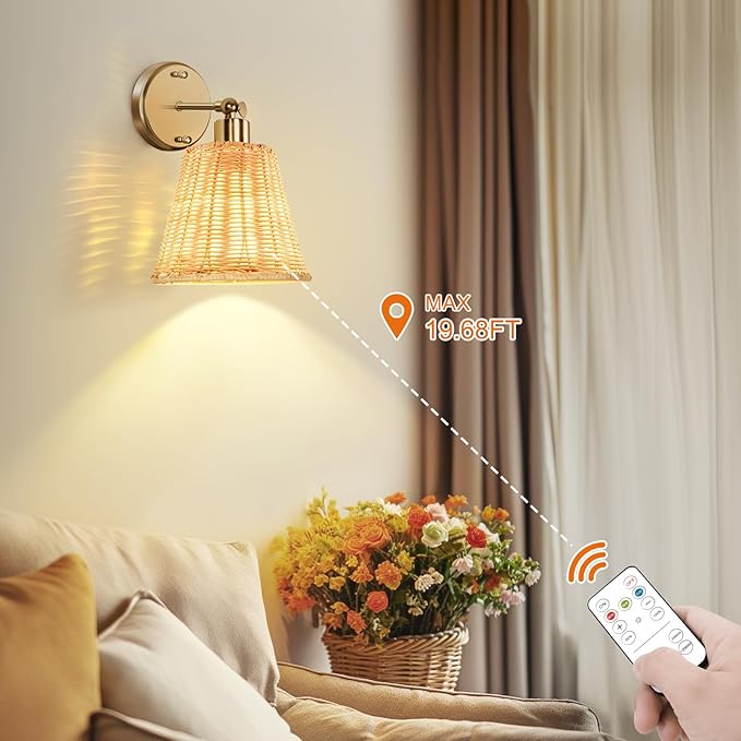 Frideko Rattan Rechargeable Battery Operated Wall Sconces Set of Two with Remote, 3 Colors Dimmable Wireless Wall Light, 5200mAh Indoor Wall Lamp with 4 Timer, Boho Sconces Wall Lighting for Bedroom