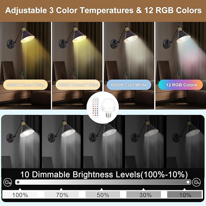TRLIFE Rechargeable Battery Operated Wall Sconce, Dimmable and Adjustable Color Temperature Wireless Wall Sconces Set of 2 with Remote Control, Swing Arm Wall Mounted Light for Bedroom Bedside Hallway